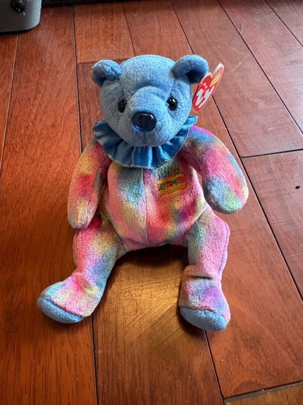 September Beanie Baby Rainbow Multi-Color Plush Bear with Blue Head and Collar